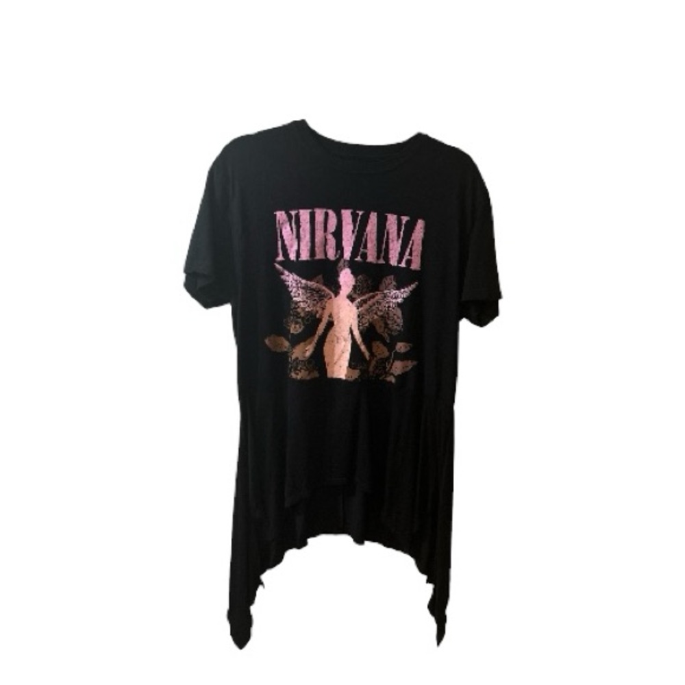 One of a kind Upcycled Nirvana Graphic Tee in Black with Pink Print 21X35